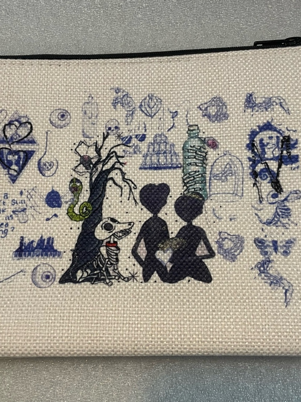 Canvas Art Pouch with Black Silhouette Couple and Blue Doodles ⭐️ 2 for 13 ⭐️